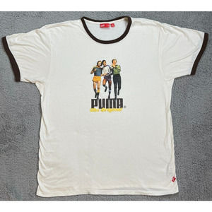 Puma The Original Soccer Futbol Football T-Shirt Off-White Brown Ringer XL VTG